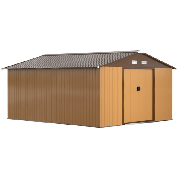 Metal Garden Shed, 13x11ft Outdoor Storage with Ventilation & Double Lockable Doors, Light Brown